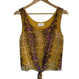 Adrienne Yellow and Purple Snake Print Tank Top With Tie Front Size Medium